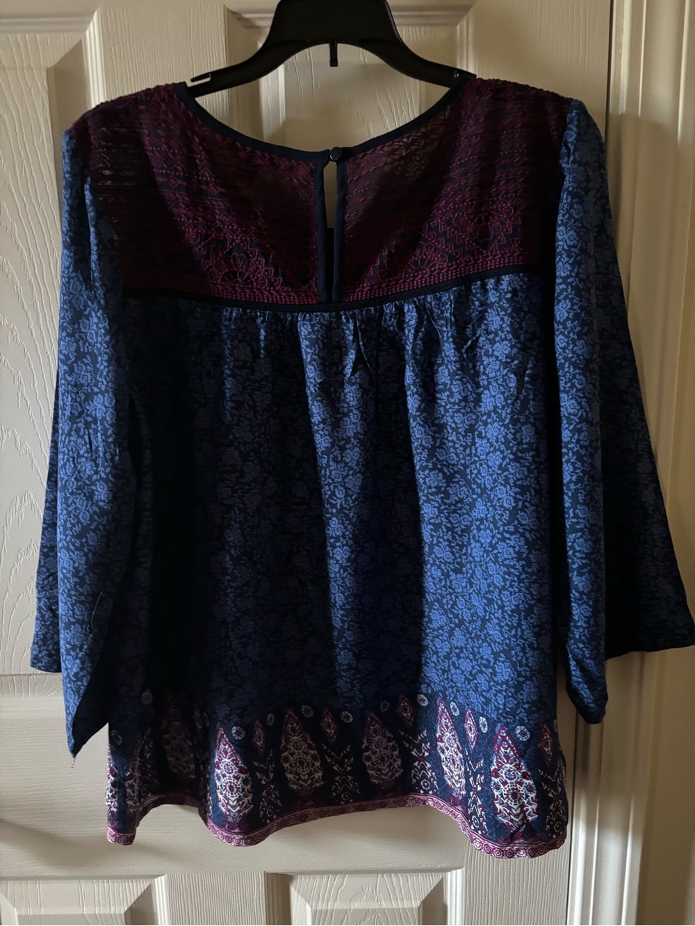Lucky Brand Navy and Burgundy Floral Peasant Tunic